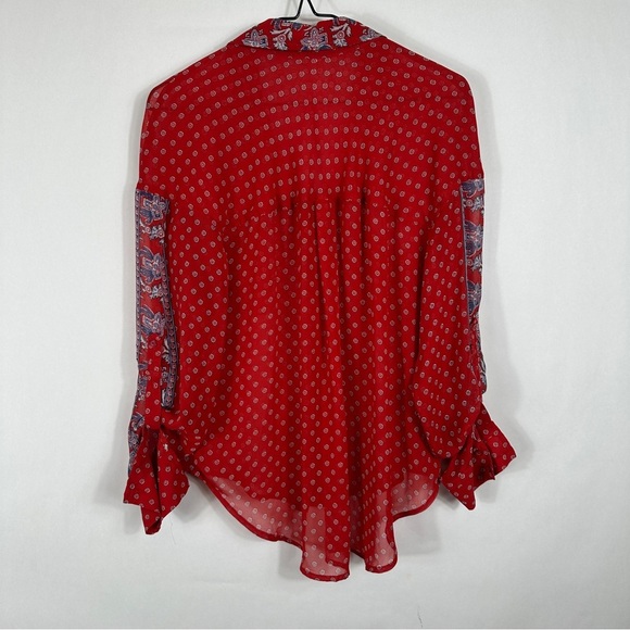Free People FP Easy Rider Anthropologie Red Paisley Bandana Sheer Blouse Top - Picture 9 of 12